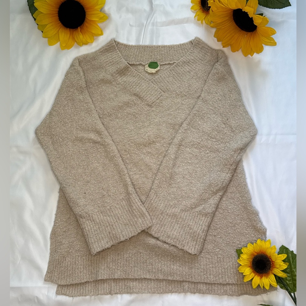 Anthropologie Beige V-Neck Sweater Bell Sleeves
